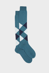 A pair of Bresciani 'Luca' long socks in 100% Pima cotton with a classic argyle intarsia pattern in ocean blue and white.