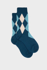 CALZA CARLA. COLLEZIONE DONNA, LANA ARGYLE , BLUE LIGHT- BLUE-CREAM.