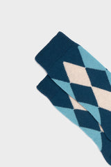 CALZA CARLA. COLLEZIONE DONNA, LANA ARGYLE , BLUE LIGHT- BLUE-CREAM.