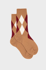 CALZA CARLA. COLLEZIONE DONNA, LANA ARGYLE, LIGHT BROWN-CREAM-BURGUNDY.
