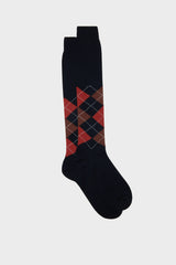 A pair of Bresciani 'Luca' long socks in 100% Pima cotton with a classic argyle intarsia pattern in blue rust brown