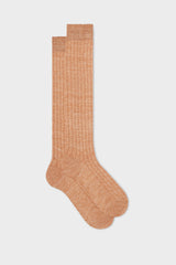 Bresciani Valerio long socks in a linen-nylon blend, with a solid orange color and a ribbed knit texture.