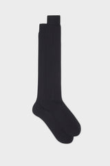 Bresciani Massimo long socks in 100% Pima cotton, not mercerized for superior softness, with a ribbed knit texture and a solid navy color.