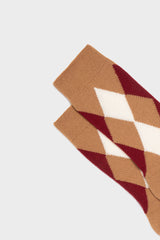 CALZA CARLA. COLLEZIONE DONNA, LANA ARGYLE, LIGHT BROWN-CREAM-BURGUNDY.