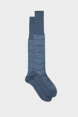 A pair of Bresciani 'Divina Commedia' long socks in blue cotton, with text from Dante's Divine Comedy printed vertically.
