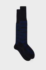 A pair of Bresciani 'Divina Commedia' long socks in navy cotton, with text from Dante's Divine Comedy printed vertically.